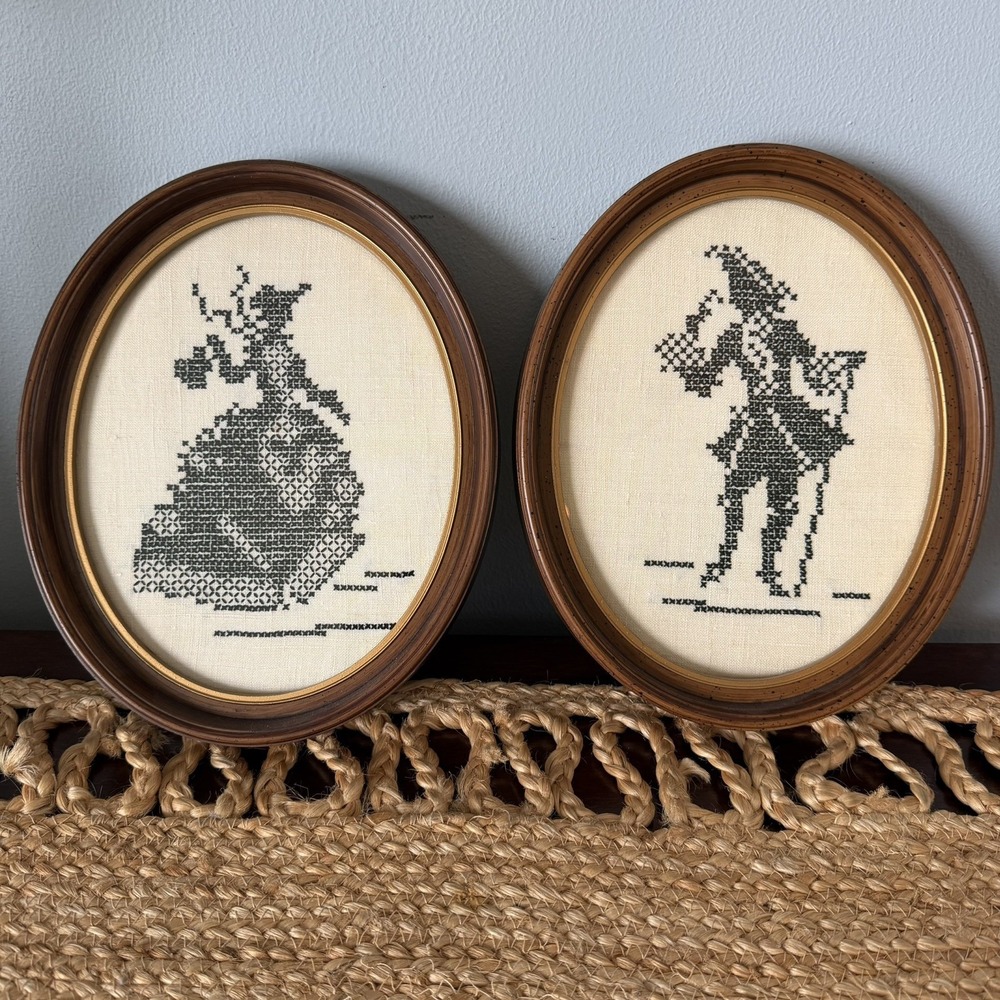 Vintage Oval Framed Colonial Cross Stitched Wall Hanging Set of 2 Black & White